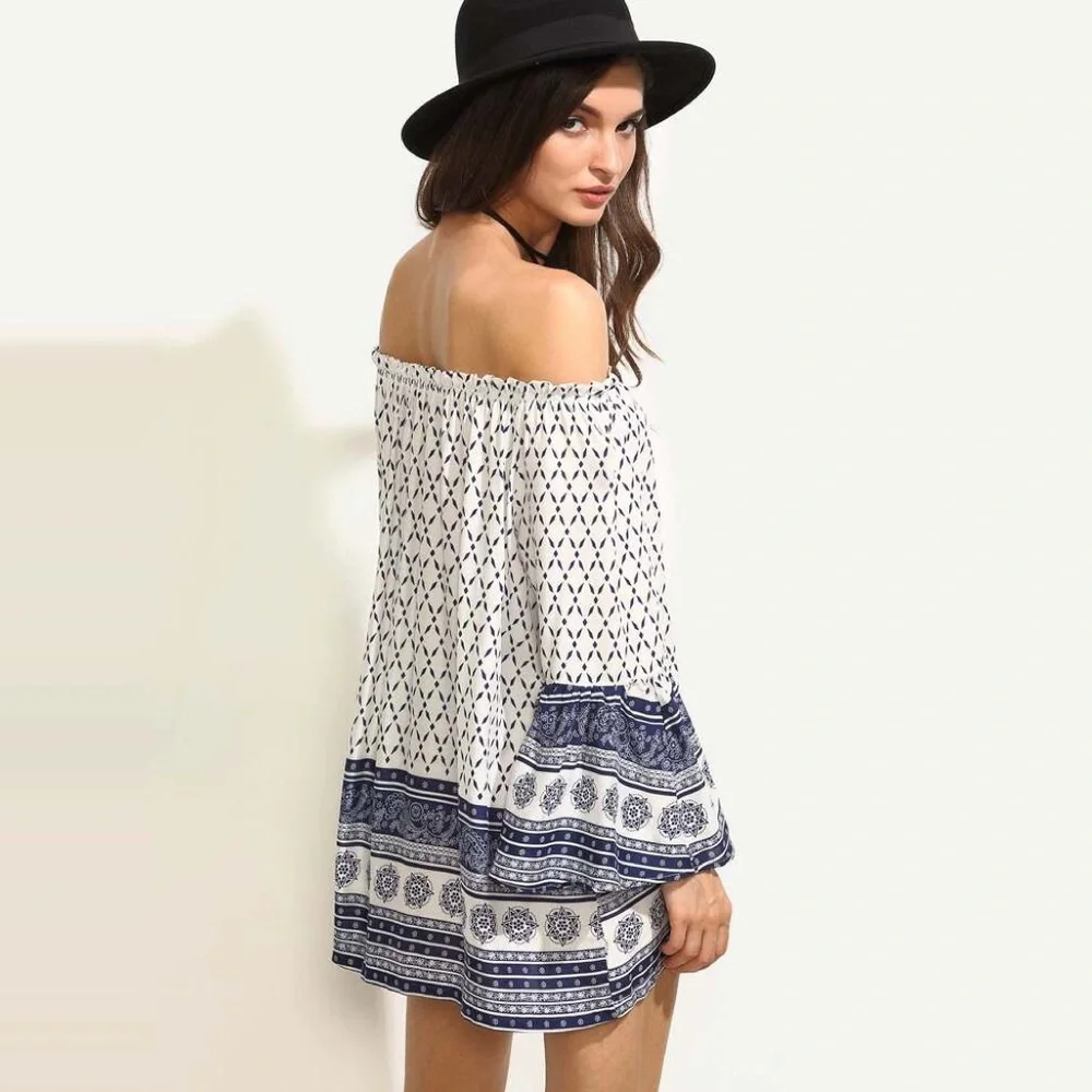 💥 CLEARANCE Bell Sleeve Off Shoulder Modern Floral Tunic Dress - Picture 2 of 8